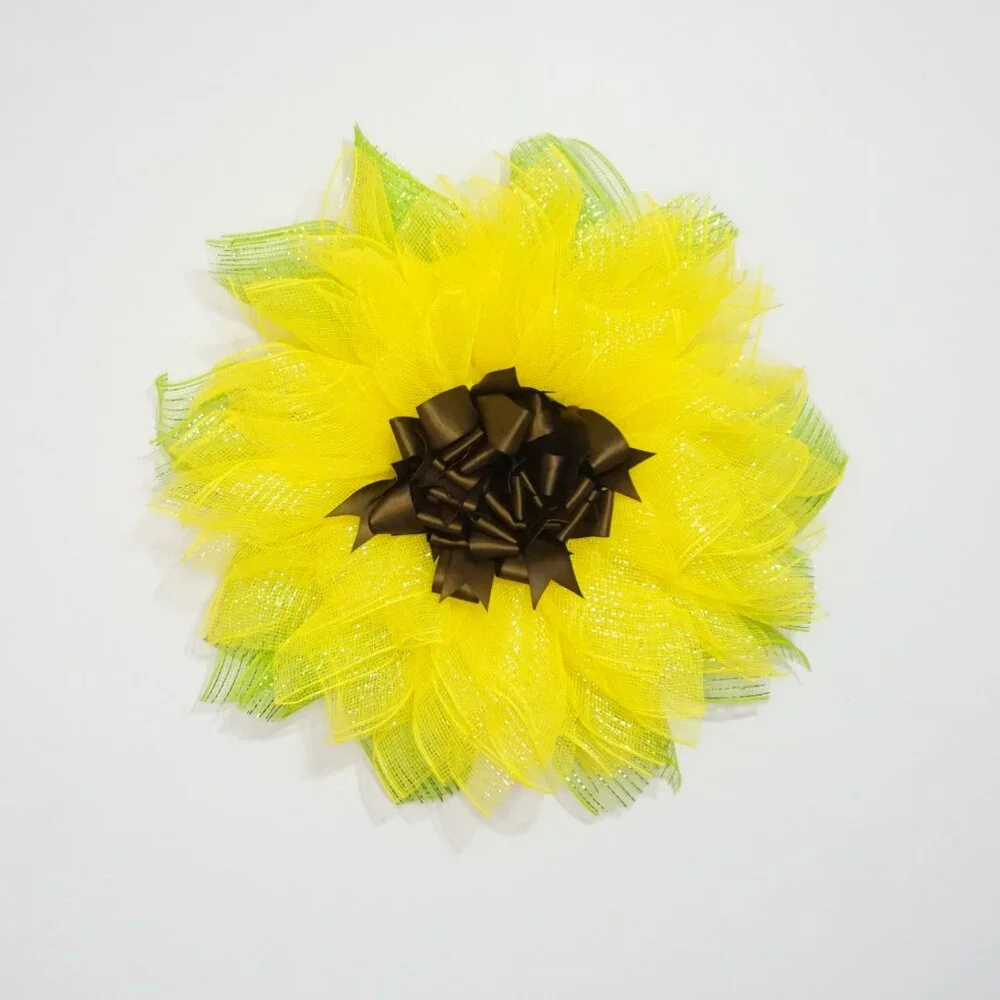 Yellow Sunflower Deco Mesh Wreath with Green Leaves and Brown Ribbon Center